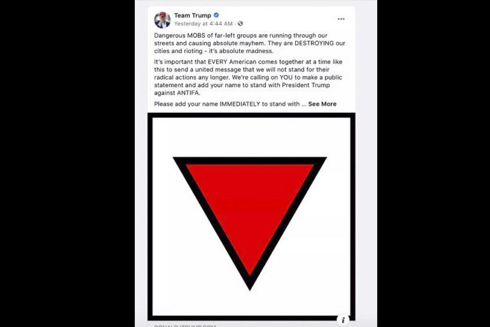 Facebook fjerner annoncer fra præsident Donald Trumps genvalgskampagne. De indeholder en rød trekant vendt på hovedet, som er næsten identisk med en, som blev anvendt af nazisterne.