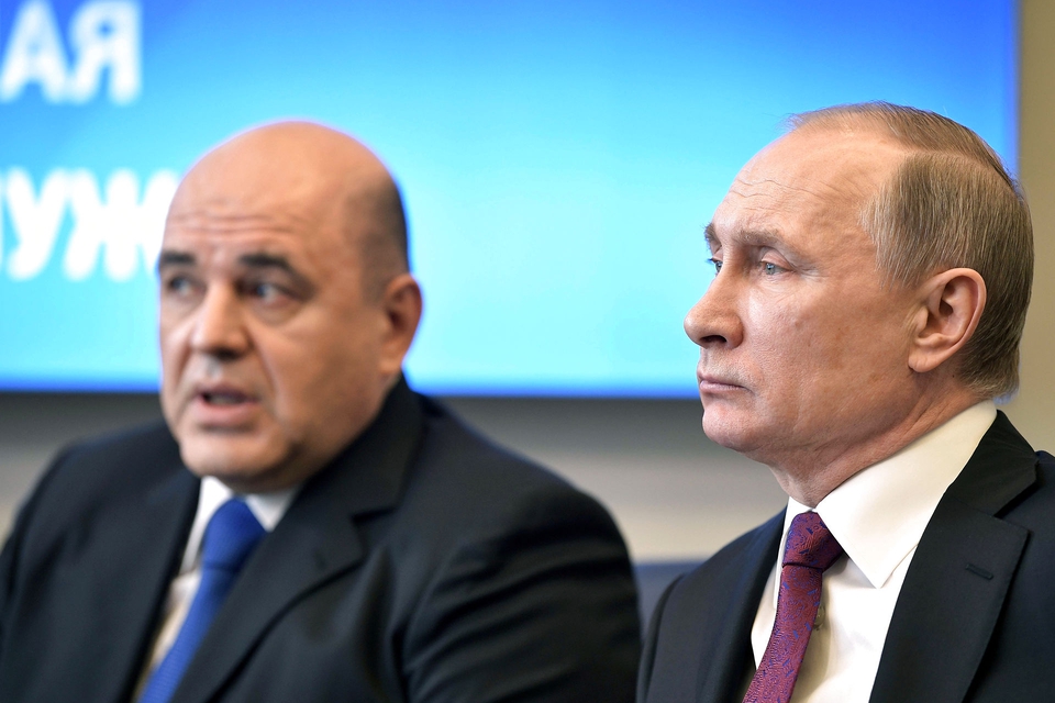 Her ses Mikhail Misjustin, Ruslands nye premierminister, sammen med den russiske præsident Vladimir Putin. (Foto: Sputnik/Reuters/Ritzau Scanpix)